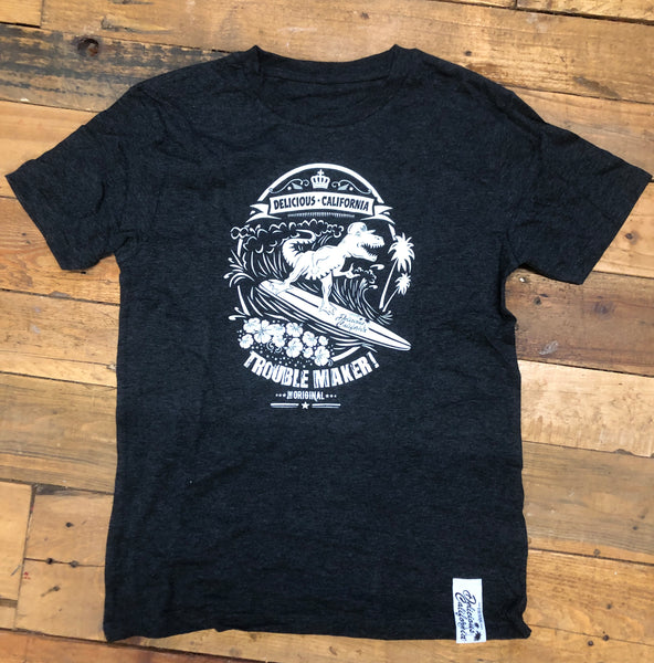 Surfing T-Rex (Grey) - Kids T-Shirt - Delicious California