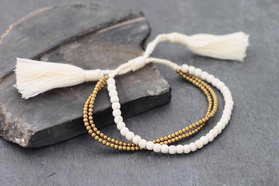 Tassel Beaded Bracelets White Turquoise Multi Strand - Delicious California