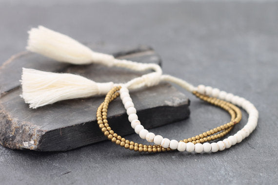 Tassel Beaded Bracelets White Turquoise Multi Strand - Delicious California