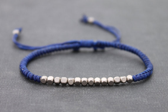 Blue Silver Cube Adjustable Men Unisex Woven Friendship Bracelet - Delicious California