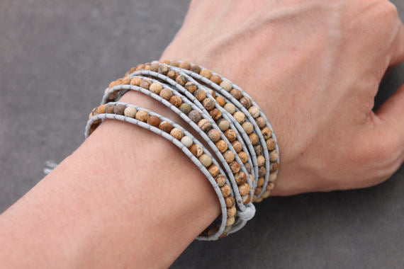 Beaded Bracelets Wrap Brown Jasper Grey Woven Men Unisex - Delicious California