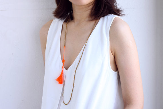 Simple Long Orange Tassel Brass Necklace Wrap Bracelet - Delicious California