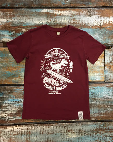 Surfing T-Rex (Burgundy) - Kids T-Shirt - Delicious California