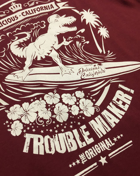 Surfing T-Rex (Burgundy) - Kids T-Shirt - Delicious California