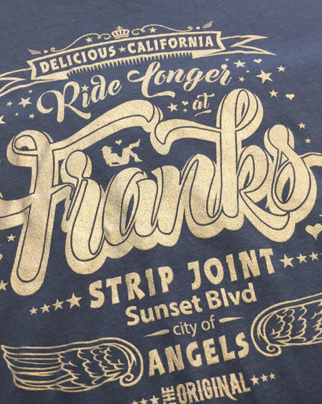 Women's Sleeveless Graphic T-Shirt- 'Franks Strip Joint' - Delicious California