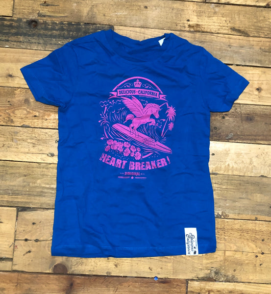 Surfing Unicorn (Bright Blue) - Kids T-Shirt - Delicious California