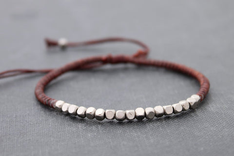 Brown Beaded Woven Bracelets Silver Cube Adjustable