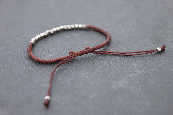 Brown Beaded Woven Bracelets Silver Cube Adjustable - Delicious California