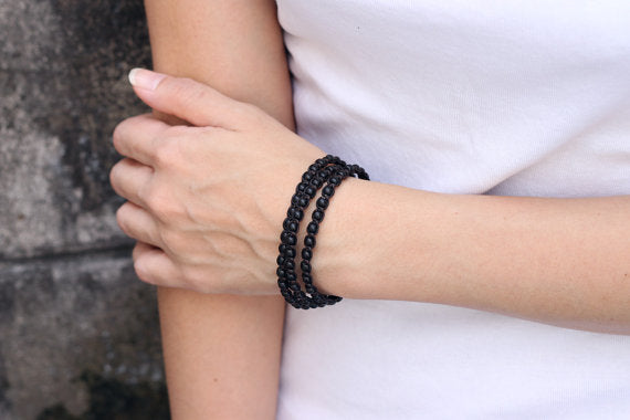 Black Onyx Triple Wrap Unisex Bracelet Anklet - Delicious California