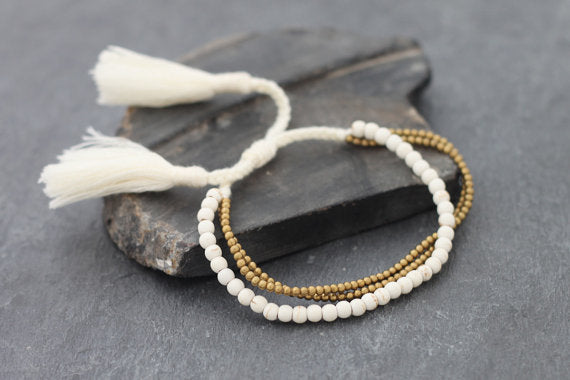 Tassel Beaded Bracelets White Turquoise Multi Strand - Delicious California