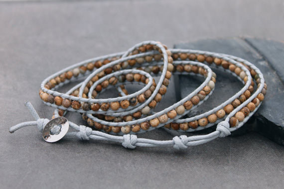 Beaded Bracelets Wrap Brown Jasper Grey Woven Men Unisex - Delicious California