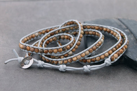 Beaded Bracelets Wrap Brown Jasper Grey Woven Men Unisex