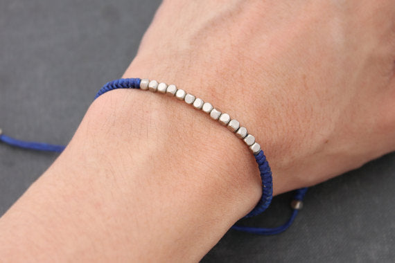 Blue Silver Cube Adjustable Men Unisex Woven Friendship Bracelet - Delicious California