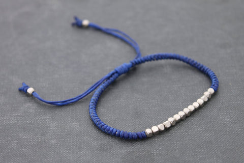 Blue Silver Cube Adjustable Men Unisex Woven Friendship Bracelet