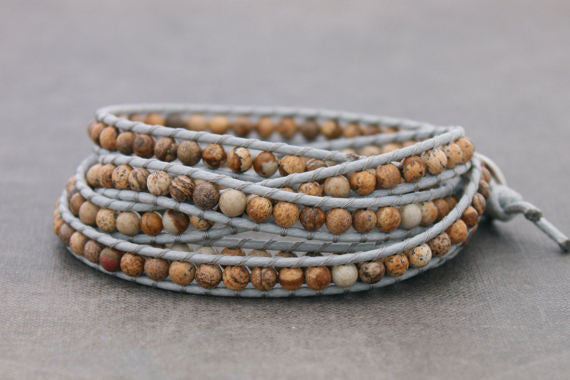 Beaded Bracelets Wrap Brown Jasper Grey Woven Men Unisex - Delicious California