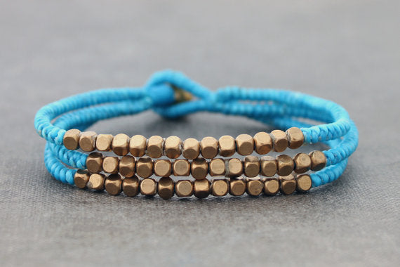 Cube Baby Blue Beaded Three Strand Bracelet - Delicious California