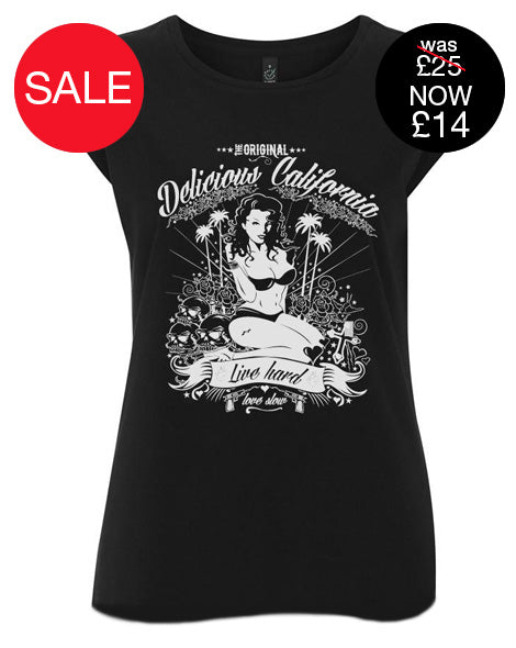 Women's Graphic T-Shirt - 'Love Slow' pinup/tattoo design - Delicious California