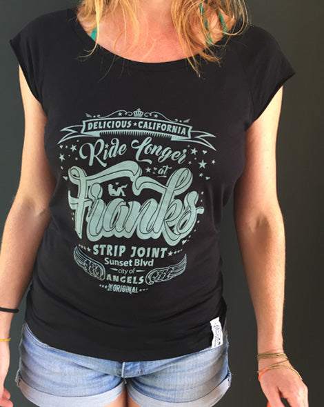 'Ride Longer At Franks Strip Joint!' - Women's Bamboo T-Shirt - Delicious California