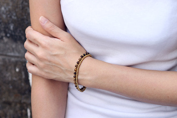 Tiger Eye Round Basic Brass Bracelet - Delicious California